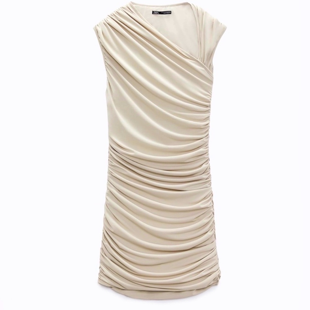 Zara Off-white Ruched Mini Dress